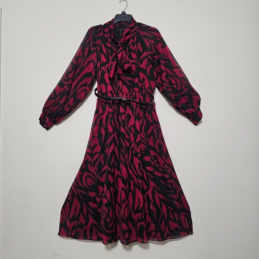 Donna Karan Dress Size 8 Red Black Long Tie neck Long Sleeves Belt Pullover 0919